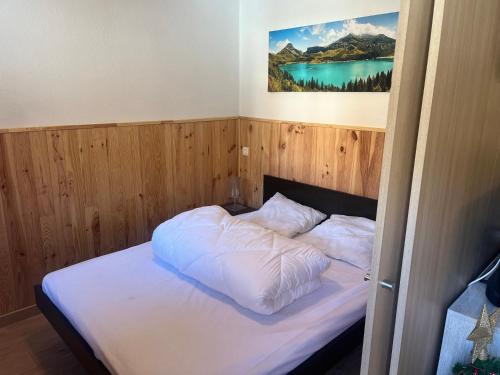 阿洛斯La foux d allos Superbe appartement 6 couchages ,piscine的一间卧室配有一张带白色床单和绘画的床。