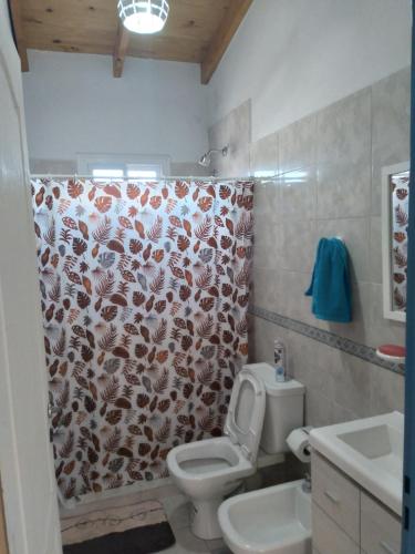 别德马Km 9的一间带卫生间和淋浴帘的浴室