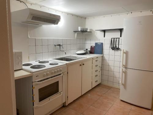 马尔默Villa Room的小厨房配有炉灶和冰箱