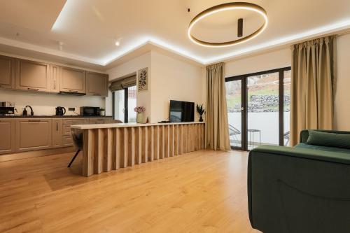 克卢日-纳波卡Aparthotel Nest Inn Meteor的厨房以及带沙发和桌子的客厅。