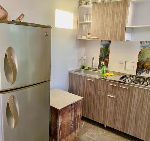 塔甘加Sunset View, Taganga的厨房配有不锈钢冰箱和木制橱柜