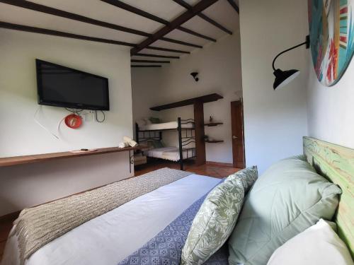 莱瓦镇Hotel Ficus Villa de Leyva的一间卧室配有一张床和一台平面电视