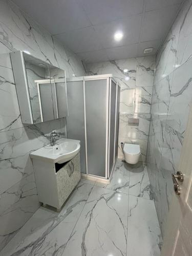 阿瓦诺斯6 şubat apartmanı的白色的浴室设有水槽和卫生间。