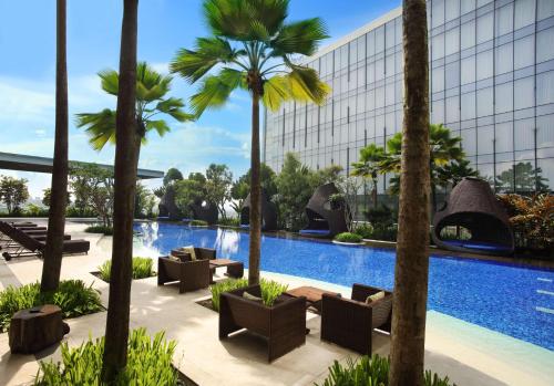 万隆希尔顿万隆酒店的一个带游泳池和棕榈树的度假村