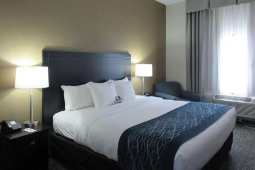 休伦港Comfort Inn的酒店客房设有一张大床和两盏灯。