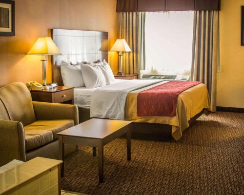 休伦港Quality Inn & Suites的酒店客房设有一张大床和一张沙发。