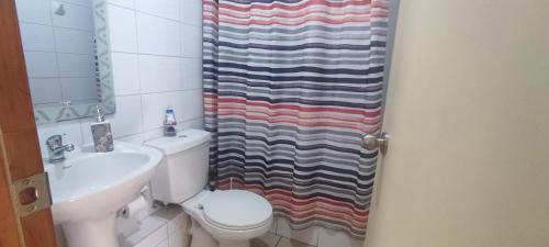 特木科Katri apart的一间带卫生间和淋浴帘的浴室