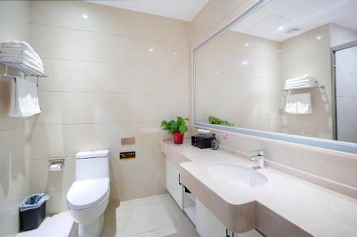 华阴华山欣源国际酒店的一间带卫生间、水槽和镜子的浴室