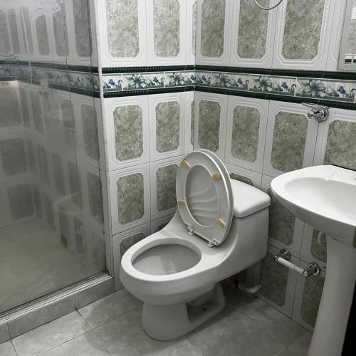 卡塔赫纳Apartamentos San José的浴室配有卫生间、盥洗盆和淋浴。