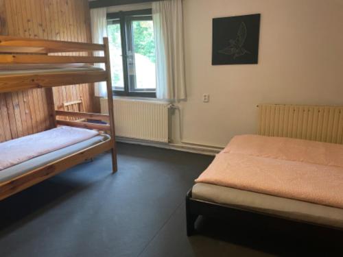 Lučany nad NisouChata Barbora的一间卧室设有两张双层床和一扇窗户。