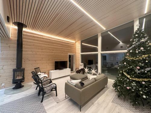 罗瓦涅米Lakeside Lodge Norvis的客厅里放着圣诞树