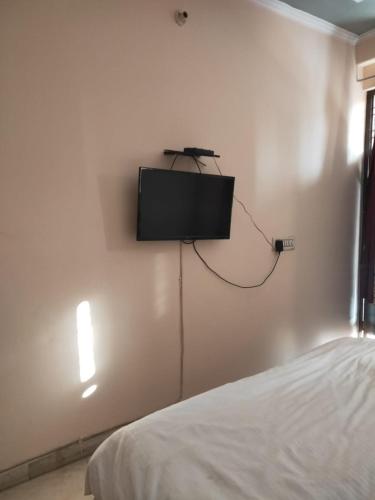斋浦尔HOTEL CASTLE HOME STAY的卧室的墙上设有平面电视