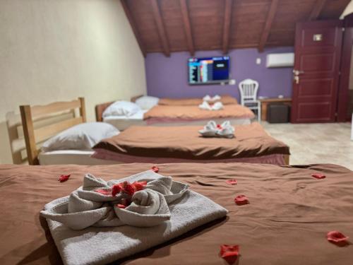 斯科普里Motel Atika的一间设有两张床铺和毛巾的房间