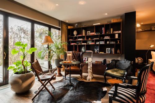 布拉索夫Le Petit Chalet的客厅配有家具和大窗户