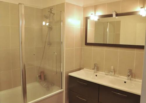 里昂Le Vendôme的带淋浴、盥洗盆和浴缸的浴室