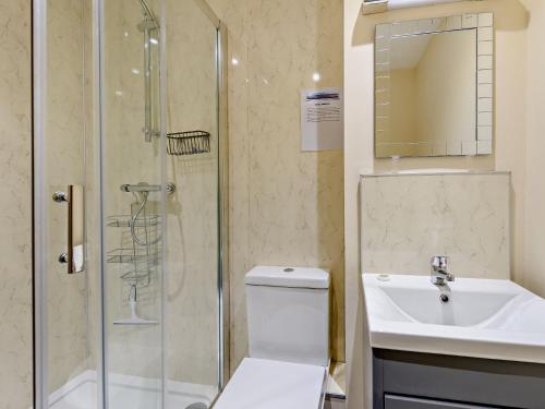 比迪福德2 Bed in Bideford RIVES的带淋浴、卫生间和盥洗盆的浴室