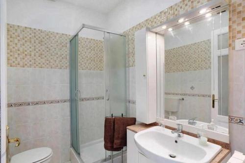圣雷莫Frida apartments的一间带水槽、淋浴和卫生间的浴室