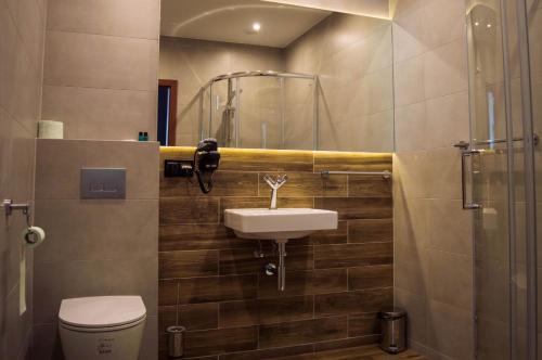 可罗日采Resort Jura的一间带水槽、卫生间和淋浴的浴室