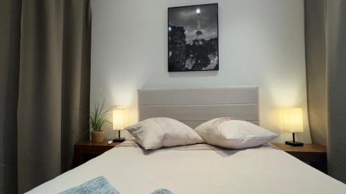 维勒蒙布勒By nuit-parisienne : Superbe appartement avec SPA et terrasse privée的一间卧室配有一张带两个枕头的床