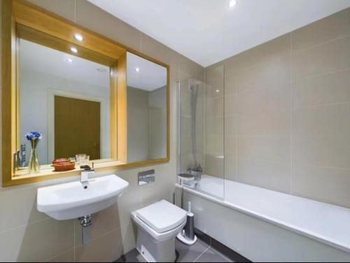 伦敦Homestay Room in Apartment with Stunning Thames River View的一间带水槽、卫生间和镜子的浴室