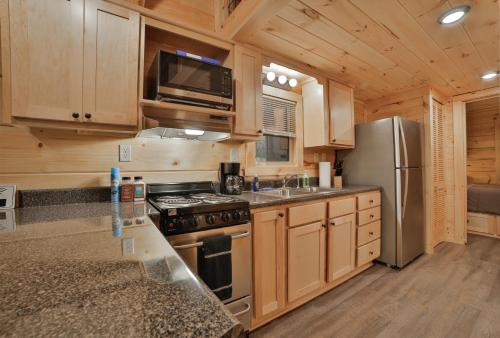 查塔努加Ryon Tiny Home Cabin City-side Rustic Retreat的厨房配有炉灶和冰箱。