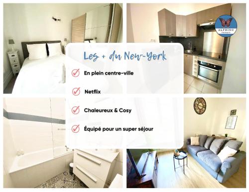里摩日Le New-York, chaleureux avec Netflix的一张床位和一个厨房的房间的照片拼在一起