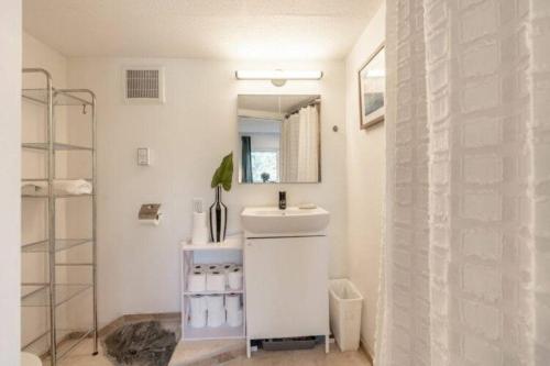 耶洛奈夫Yellowknife Downtown 50a avenue Retreat的一间带水槽、镜子和淋浴的浴室