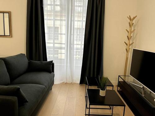 奥尔良Le Bijou du Martroi的带沙发和大窗户的客厅