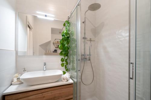 都灵[Porta Nuova - Alpitour] Free Parking & Netflix的白色的浴室设有水槽和淋浴。