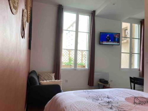 鲁昂Studio N1 plein centre ville的一间卧室设有一张床、一台电视和两个窗户。