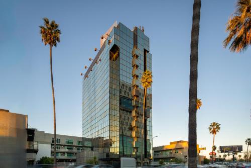 洛杉矶Kasa Sunset Los Angeles的一座高大的玻璃建筑,前面有棕榈树