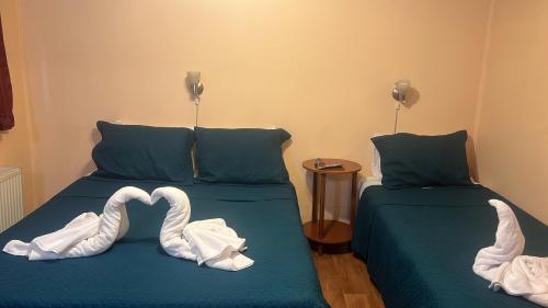 蓬塔阿雷纳斯HOSTAL VICTORIA的两张睡床用毛巾制成的天鹅