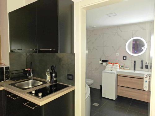 瓦拉日丁Arcobaleno Apartments & Rooms的一间带水槽和卫生间的小厨房