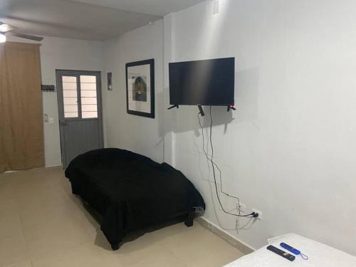 蒙特雷Alojamiento completo de descanso的卧室配有一张床和壁挂式平面电视。
