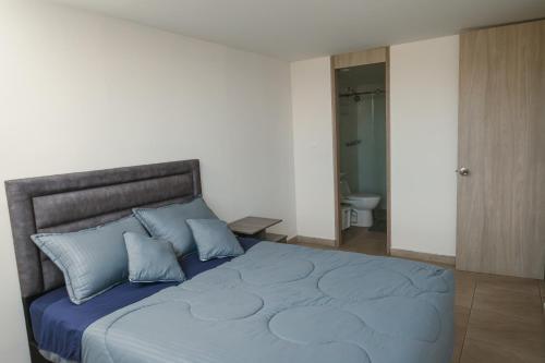 马尼萨莱斯El Mirador De Castilla的一间卧室配有一张带蓝色枕头的大床