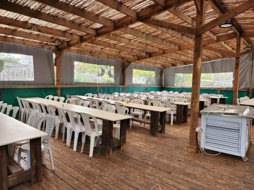 Shadmot Devoraחאן דרך העץ - אוהל ממוזג וקמפינג的空的饭厅,配有桌子和白色的椅子