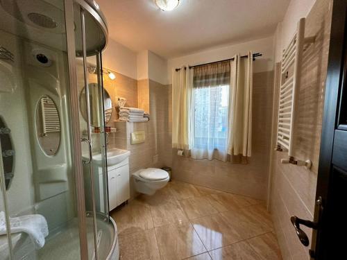 巴克乌Podu' cu Lanturi的一间带卫生间和玻璃淋浴间的浴室