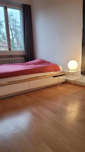 伯尔尼Room in Marzili的一间卧室配有一张带窗户和灯的床
