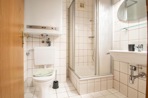 巴德加斯坦Bergblick Appartements的一间带卫生间和淋浴的浴室