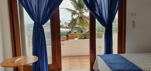 比亚米尔港HOSPEDAJE DELFIN AZUL的一间卧室配有蓝色窗帘和美景窗户。