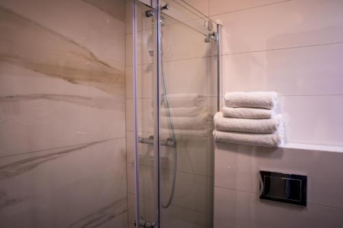 弗罗茨瓦夫Brassel Aparthotel的带淋浴和一些毛巾的浴室