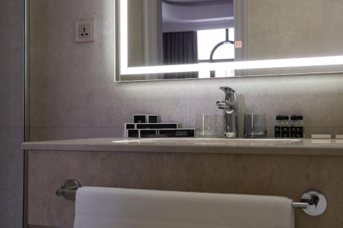 塔什干FrankFort Expo Hotel的一间带水槽和镜子的浴室