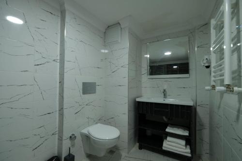 伊斯坦布尔Cevvo Hotel的白色的浴室设有卫生间和水槽。
