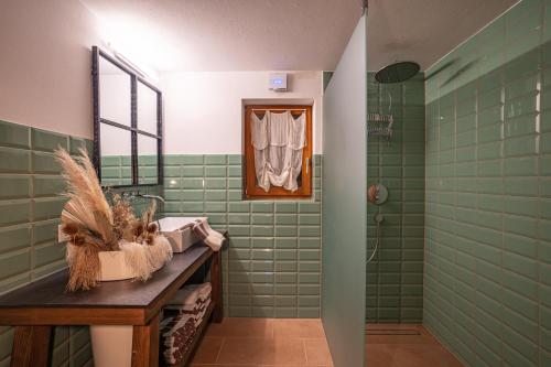 丰塔内拉Chalet Frederik的浴室铺有绿色瓷砖,配有水槽和镜子