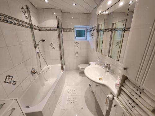基茨比厄尔Ferienwohnung Söllner的带淋浴和盥洗盆的白色浴室