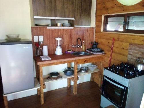 Punta ColoradaSietevestidos Casa Ecológica - Punta Negra的厨房配有带水槽和冰箱的木制台面