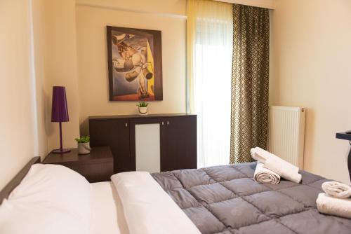 塞萨洛尼基Chris & Mary comfort rooms Thessaloniki center的一间卧室设有一张床和一个窗口