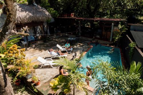 圣卡塔利娜岛Hostel Villa Vento Surf的一群人坐在游泳池里