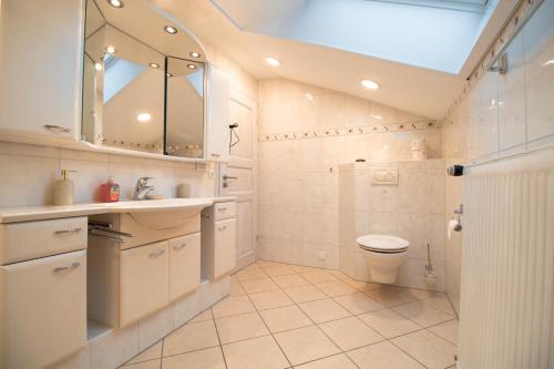 阿尔特杜芬斯特FineApartment Alt Duvenstedt的浴室配有盥洗池、卫生间和镜子。