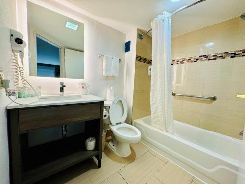 休斯顿休斯顿10号州际公路西能源走廊智选假日酒店及套房的浴室配有卫生间、盥洗盆和浴缸。